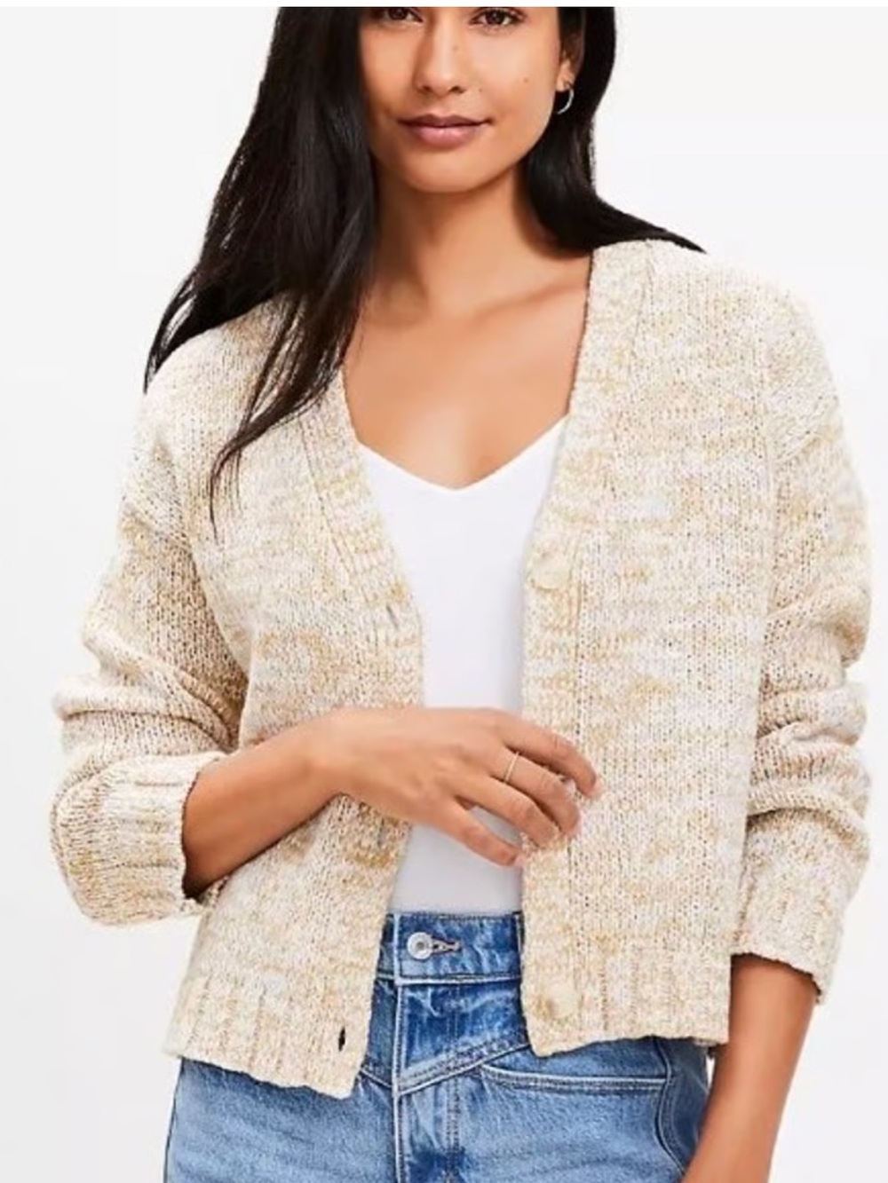 LOFT Marled Knit Cropped Cotton Blend Chunky Cardigan Sweater Neutral V-Neck XS